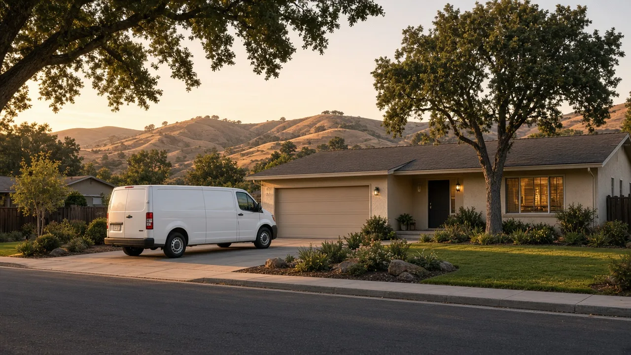 Service van parked outside a ranch home in the Livermore hills at golden hour