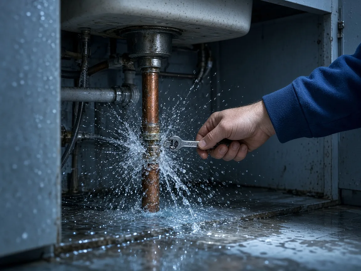 Water spraying from a split copper pipe under a sink