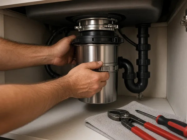 Plumber installing a stainless steel garbage disposal under a kitchen sink
