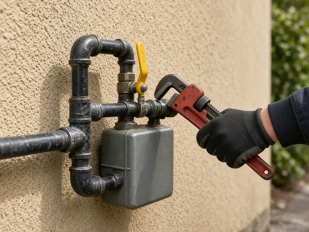 Plumber tightening a black iron gas line fitting near a residential gas meter