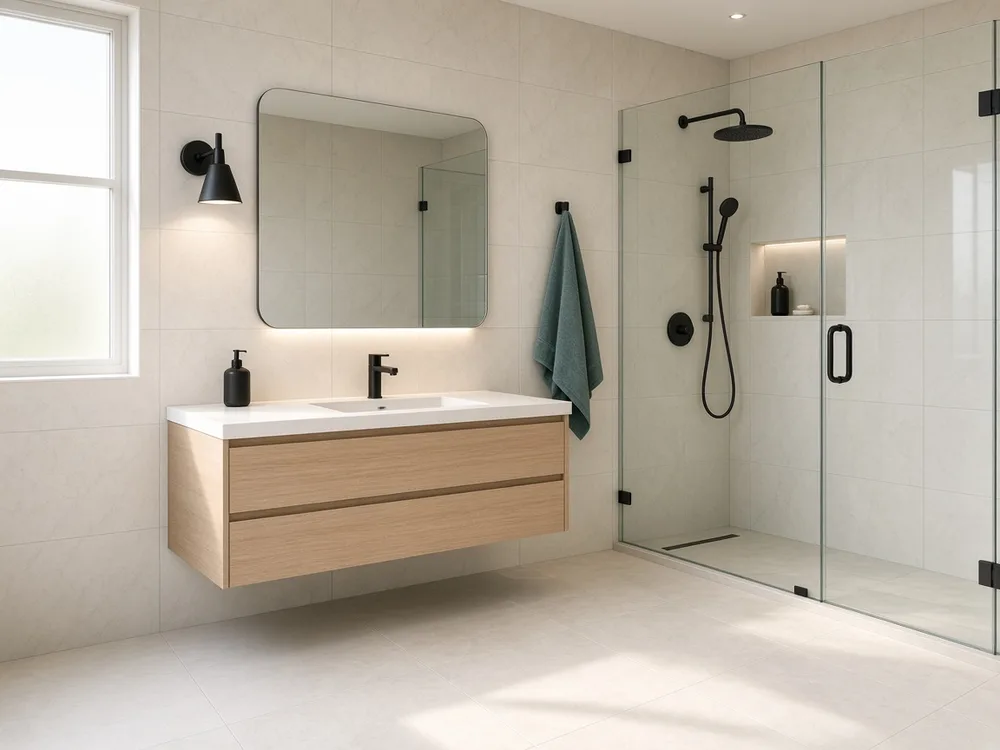 Completed bathroom remodel with floating vanity and walk-in shower