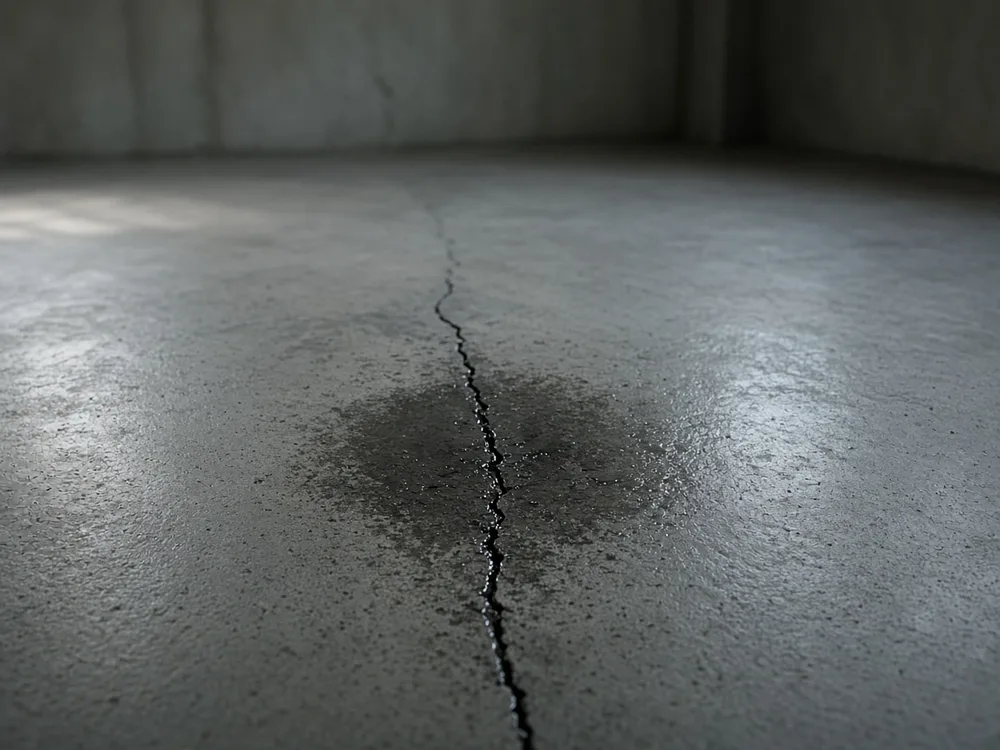 Water seeping up through a crack in a bare concrete slab floor
